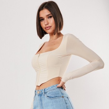 BOOFEENAA Front Zipper Square Neck Long Sleeve Crop Top Vintage Sexy T Shirt Women Clothes Spring 2020 Ladies Tee Shirts C85-H77